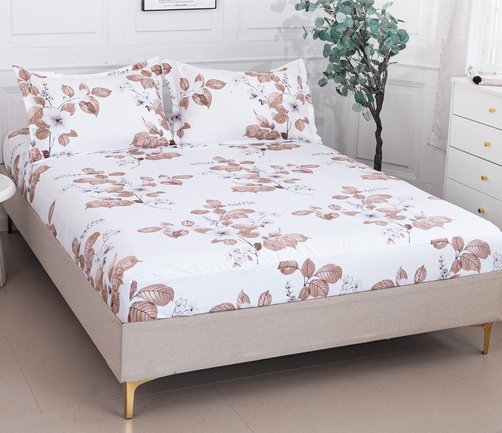 Huse cu Elastic Bumbac Satinat Pat Dublu Albe Floral CF87