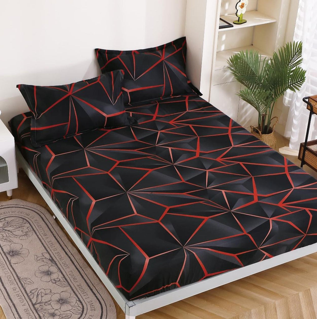 Huse cu Elastic Bumbac Satinat Pat Dublu Negre Forme Geometrice CFY29