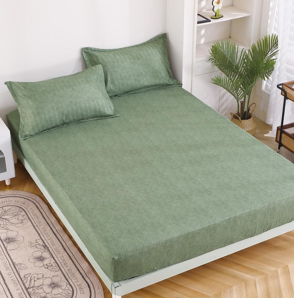 Huse cu Elastic Bumbac Satinat Pat Dublu Verde Uni CFY32