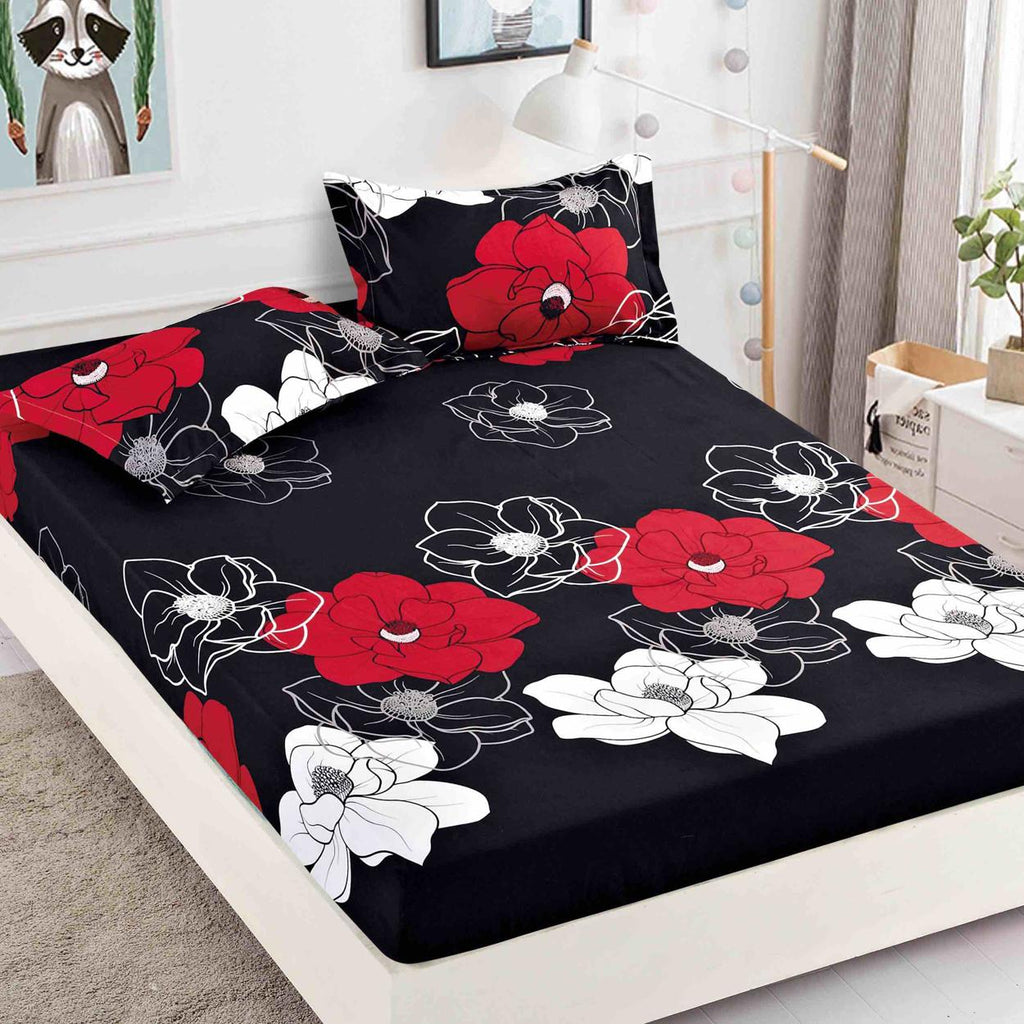 Cearceafuri cu Elastic Bumbac Finet Pat Dublu Negre Floral CFJ10