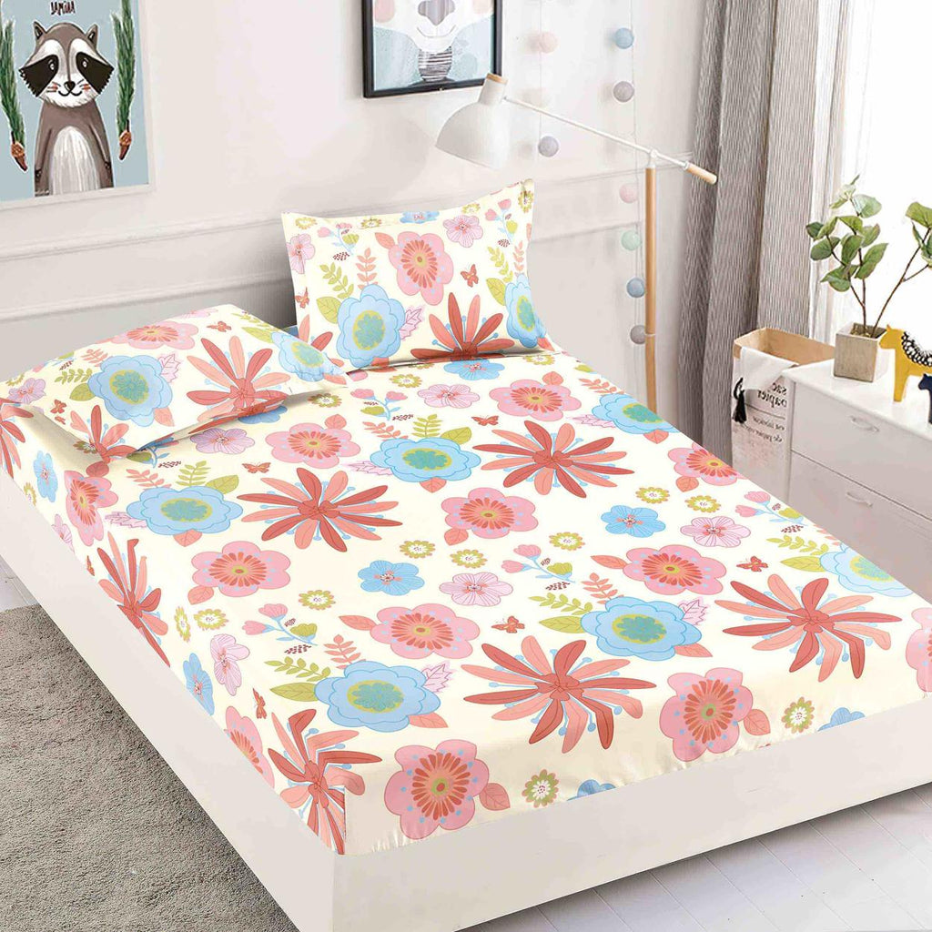 Cearceafuri cu Elastic Bumbac Finet Pat Dublu Crem Floral CFJ126