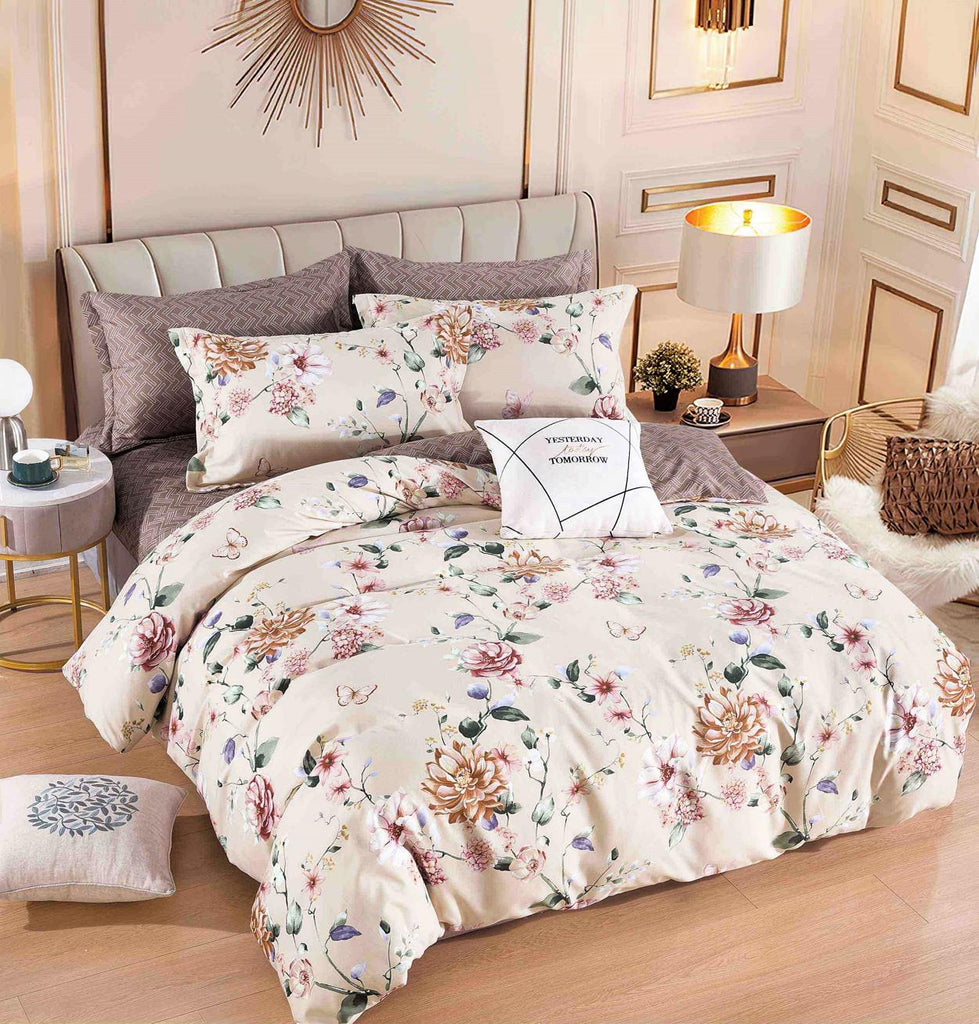 Lenjerii Bumbac Finet Satinat Pat Dublu Bej Floral BFJ280