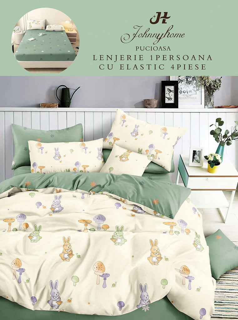 Lenjerii cu Elastic o Persoana Pucioasa Bumbac Satinat Crem Verde Iepurasi LSY06