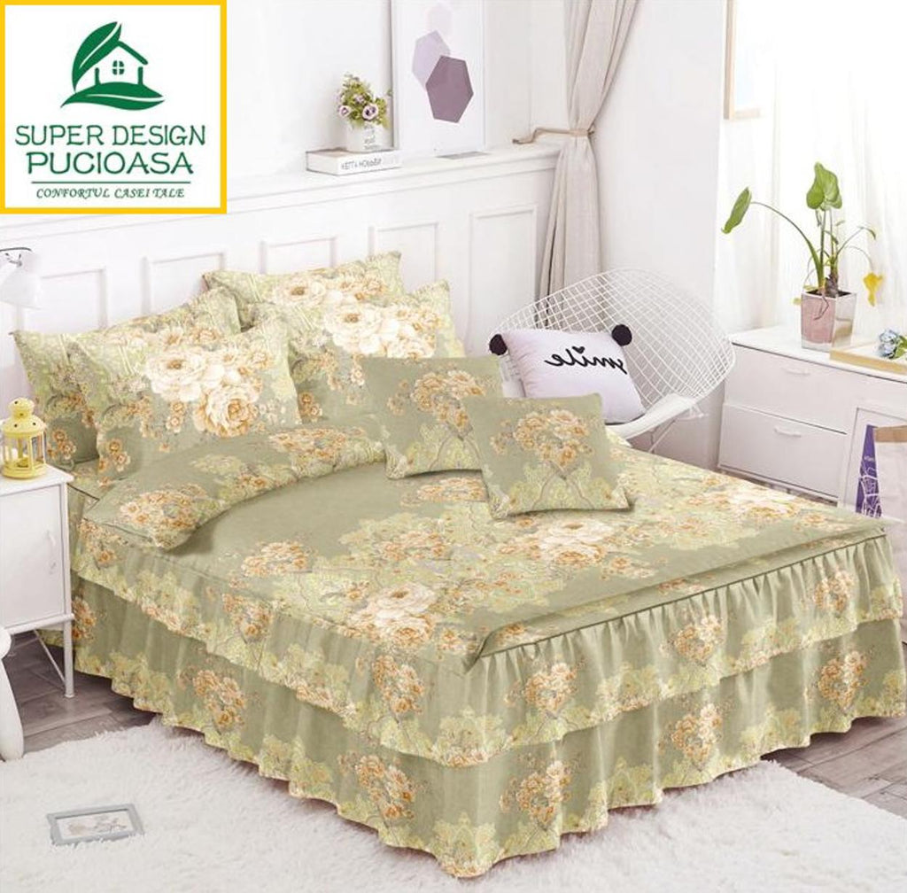 Lenjerii Elegante cu Volanase Bumbac Finet Verzi Floral BFC157