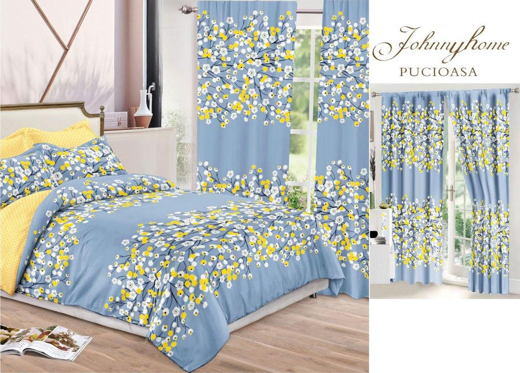 Seturi Lenjerii de Pat si Draperii Bumbac Finet Albastre Floral BFS05