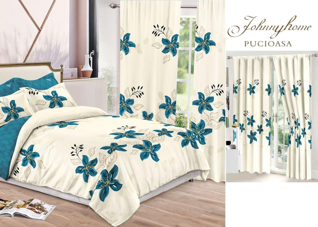 Seturi Lenjerii de Pat si Draperii Bumbac Finet Crem Turcoaz Floral BFS03