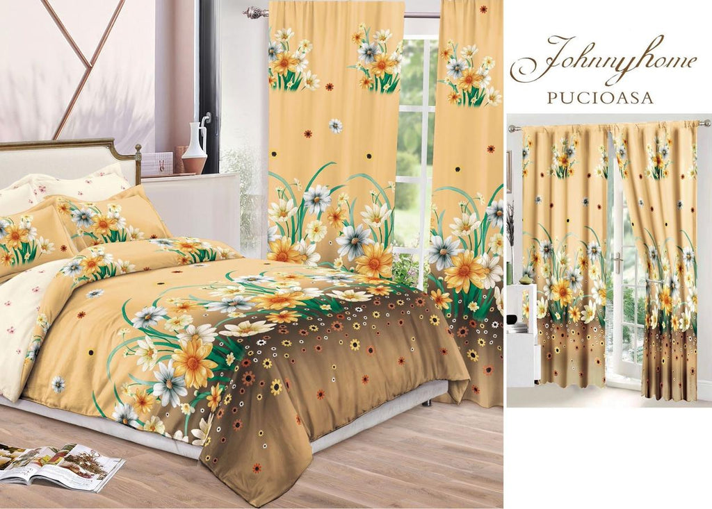 Seturi Lenjerii de Pat si Draperii Bumbac Finet Bej Floral BFS18