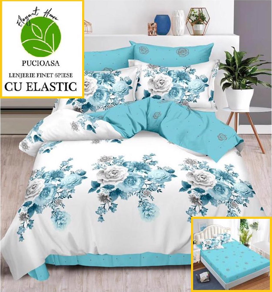 Lenjerii cu Elastic Finet Pucioasa Pat Dublu Alb Bleu Floral BFE117