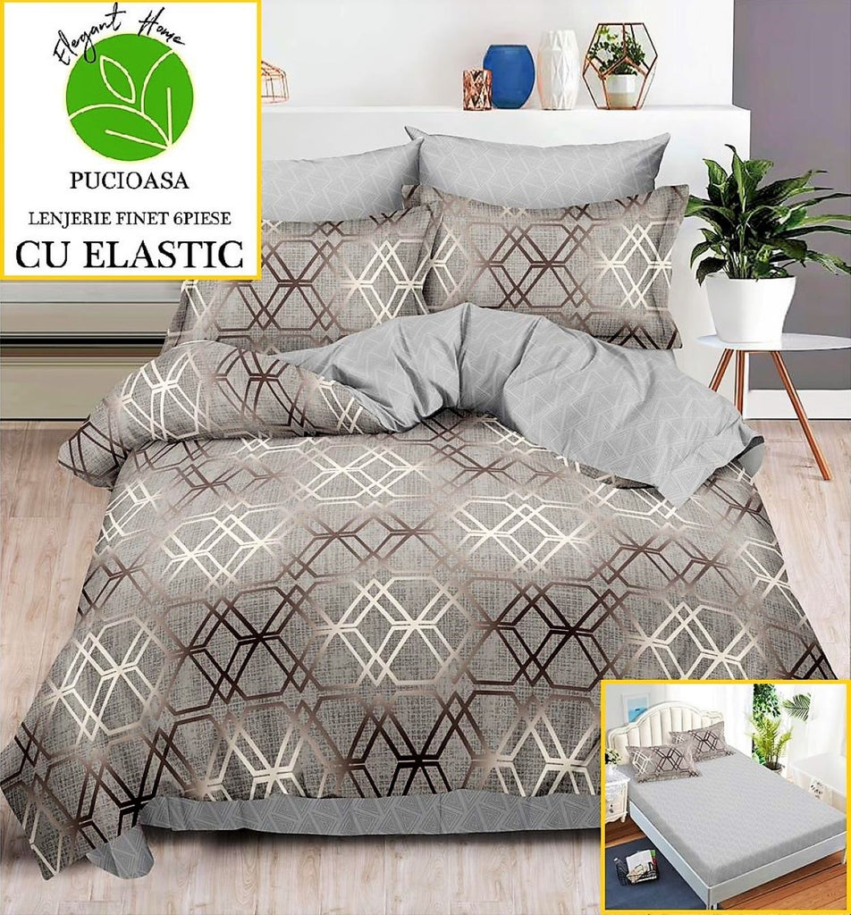 Lenjerii cu Elastic Finet Pucioasa Pat Dublu Gri Geometric BFE126