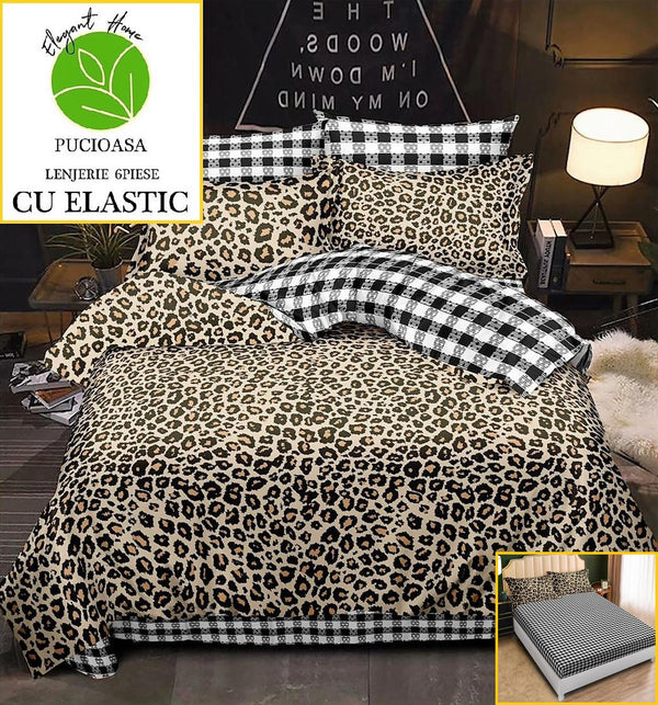 Lenjerii cu Elastic Finet Pucioasa Pat Dublu Bej Leopard BFE169